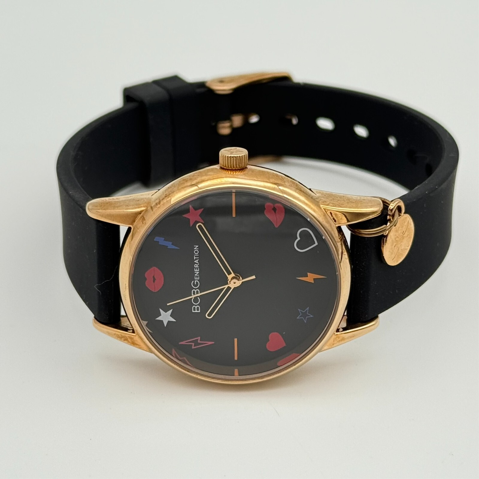 Ladies BCBGeneration Rose Gold Tone, Black Silicone Band Analog Watch, BCBG 33mm