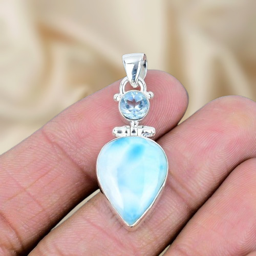 Natural Larimar Gemstone Silver Pendant 925 Sterling Silver Jewelry Pendant