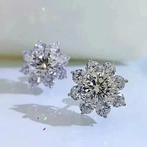 Sparkling Flower Stud Earrings Round Cut Simulated Diamond 14k White Gold Plated