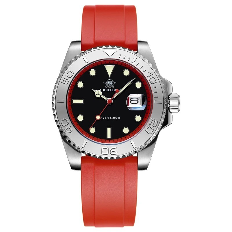 Addiesdive 41mm Quartz Dive Watch 200m Silver Stainless Steel Bezel Rubber Strap