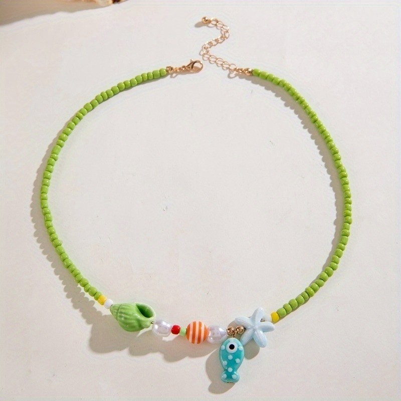 Bohemian Little Fish Ceramic Pendant Green Beaded Necklace New Women’s Jewelry