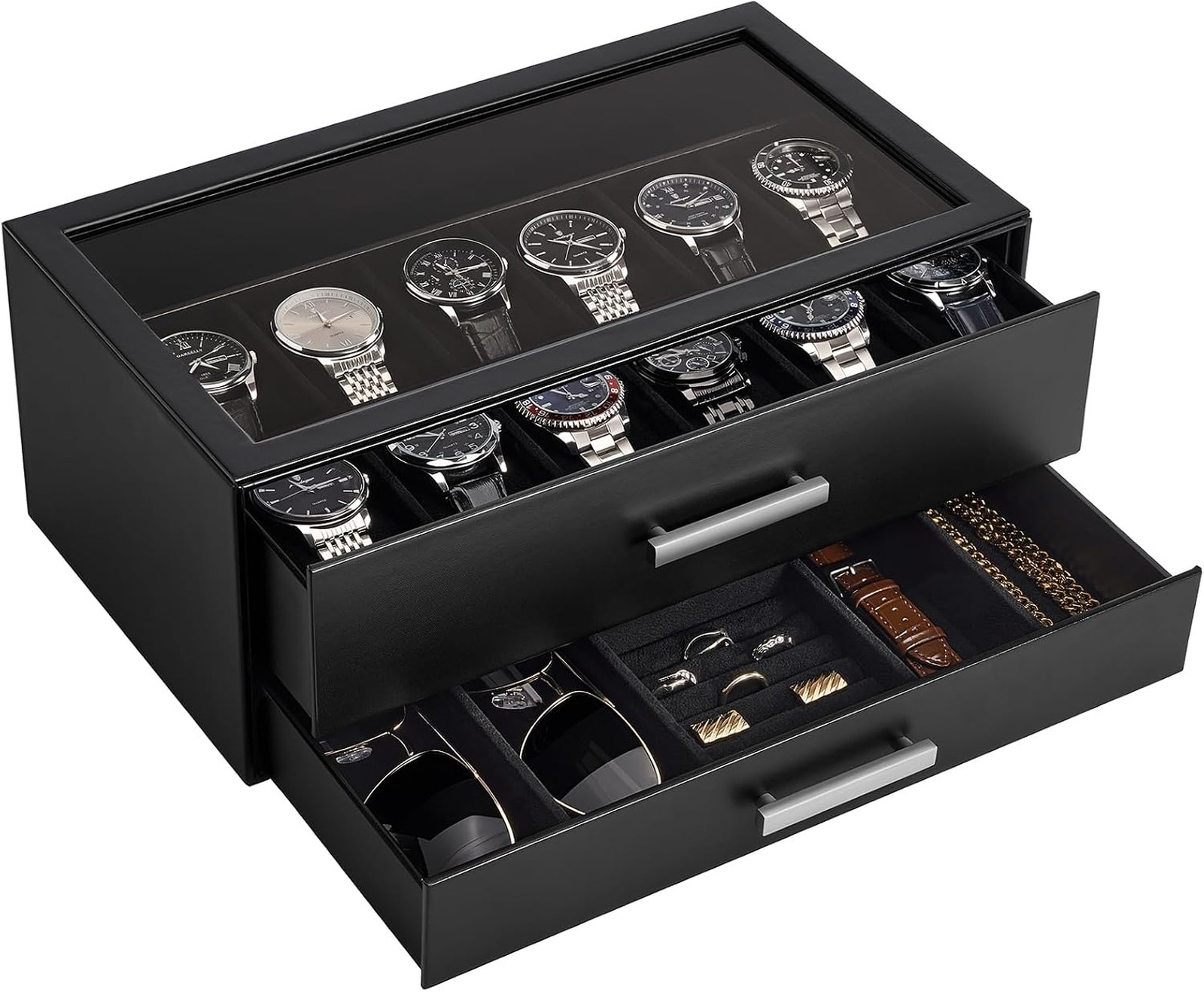 Watch Organizer Box with Pull-Out Drawers for Men Black Glass Top Jewelry