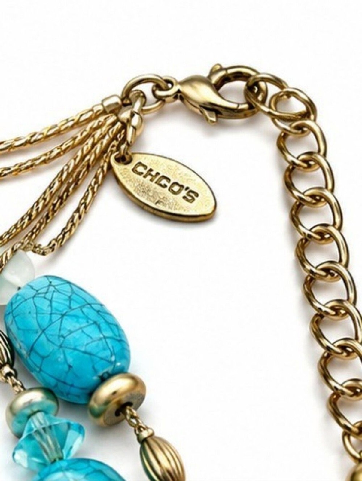 Chico’s Turquoise Layered Statement Necklace Boho Southwestern Gold Tone