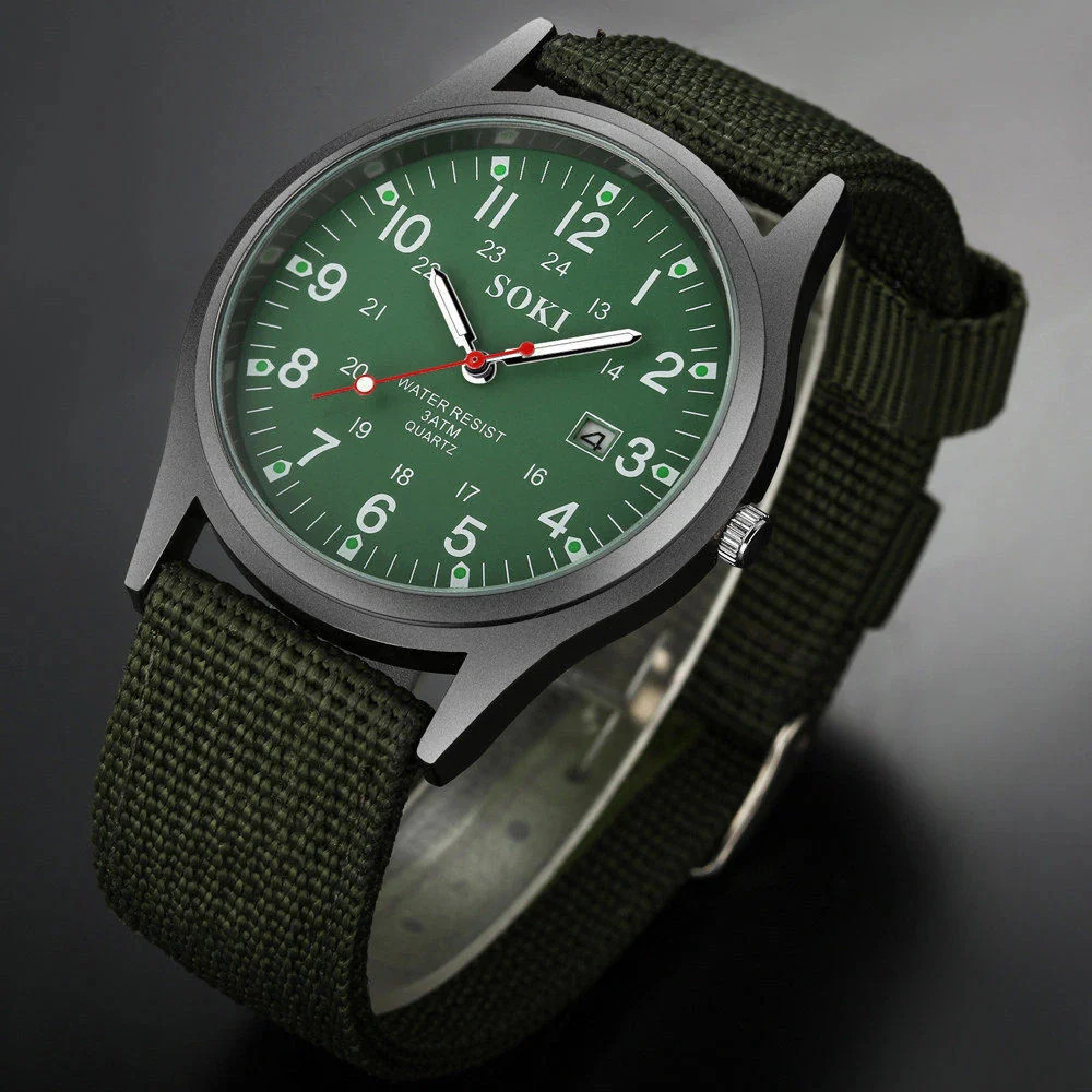 Men Army Luminous Quartz Watch Nylon Strap Date 24H Wrist Watch