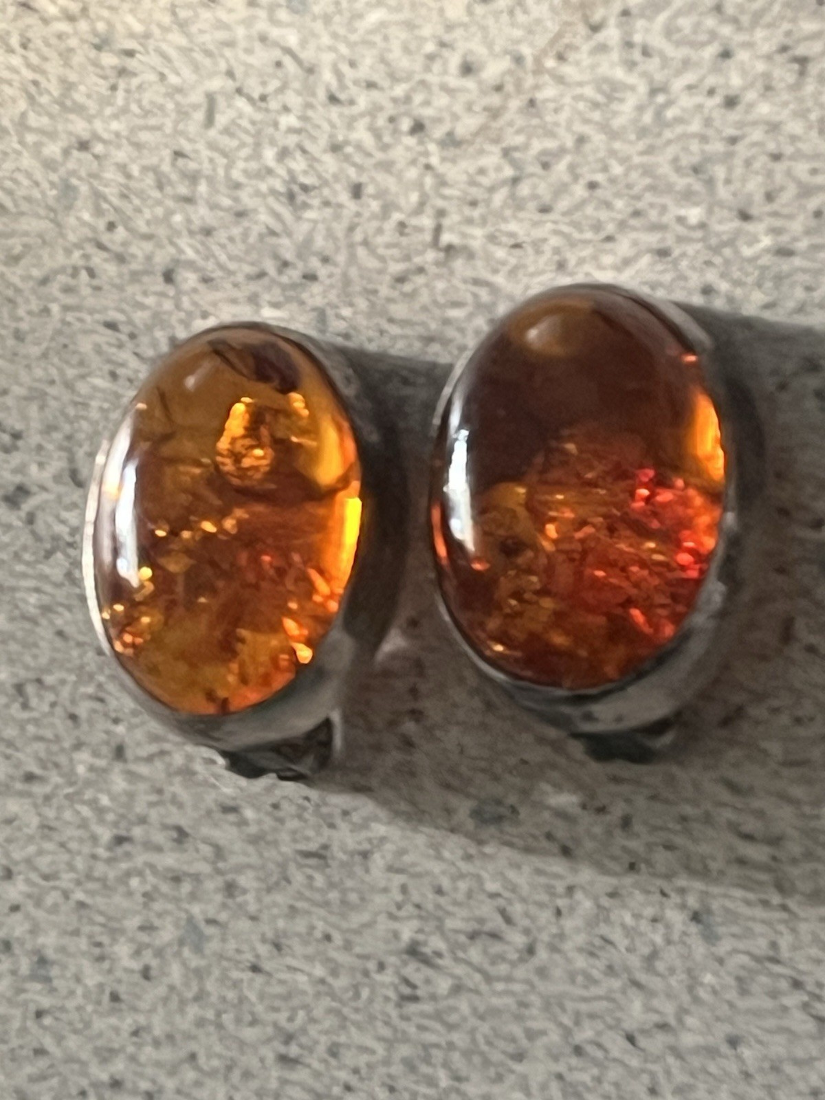 Oval Orange Amber Cabochon Bezel Clip-On Stud Earrings Silver Tone Metal