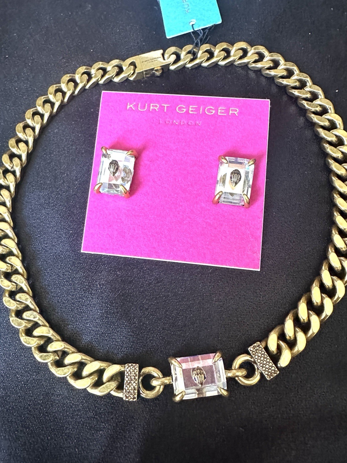 Kurt Geiger Jewelry Set/Necklace Earrings/Eagle Head/ Brass/ Cear Crystal