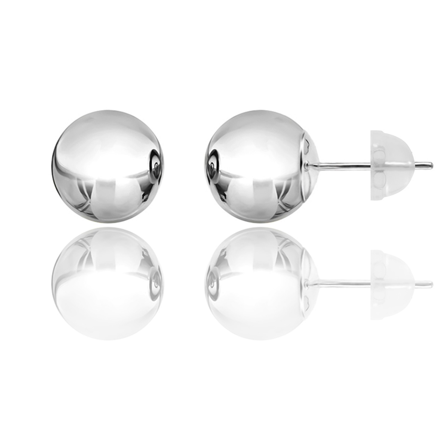 14KT White Gold Ball Stud Earrings 2mm–10mm Silicone Push Back