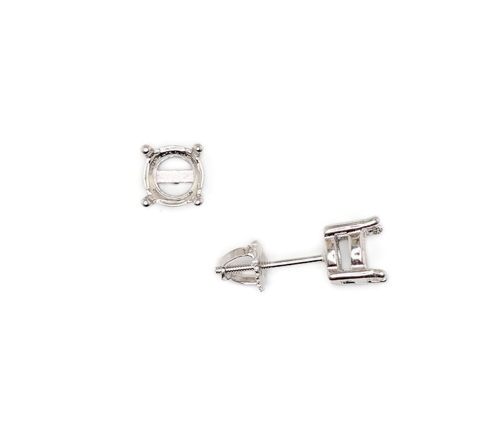 Round Four Prong Screw Back Earring Settings Sterling Silver with Rhodium Finish
