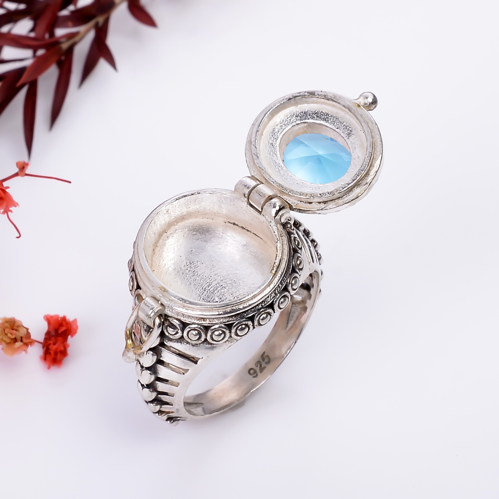 Aquamarine Gemstone Handmade Poison Ring, 925 Silver Aquamarine Poison Gift Ring