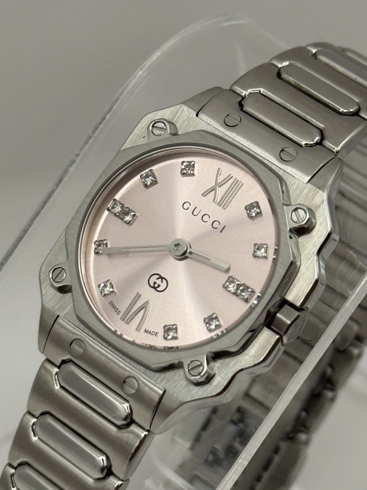 Gucci G-Flat Quartz 24mm Diamond Accent Pink Dial Women’s Watch YA166501