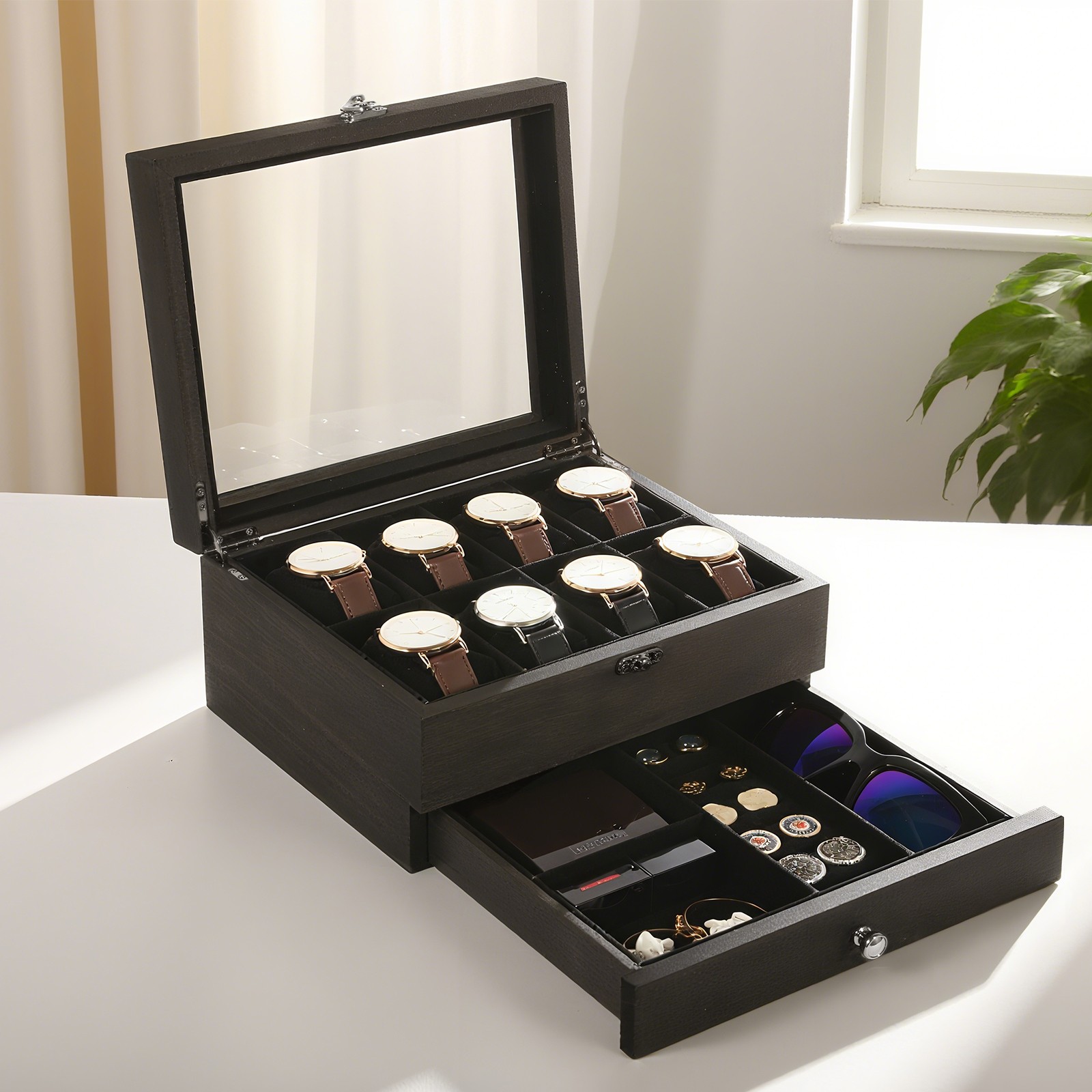 8 Slots Watch Box Solid Wood Watch Case Glass Lid Jewelry Storage Display Case