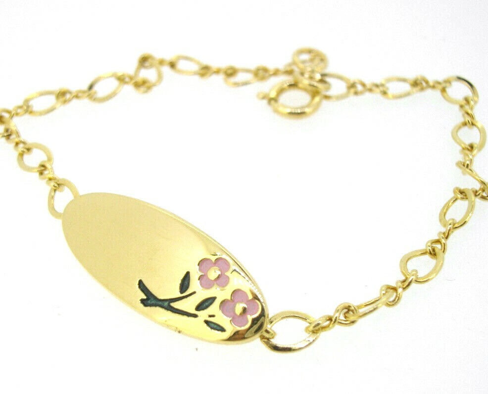 Bracelet Anson Goldtone Pink Flowers ID Identification Oval Plaque Link 7 1/4″