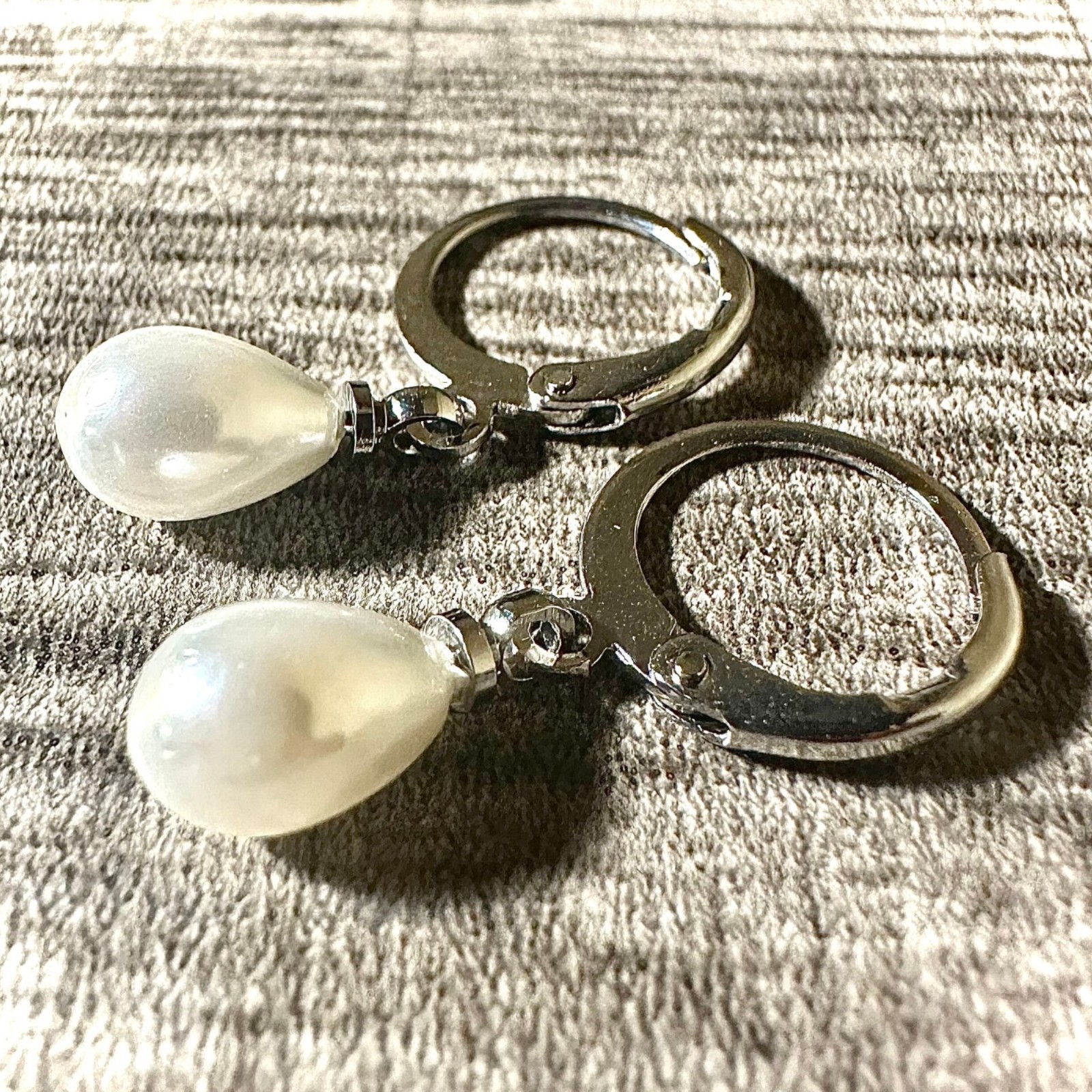 Pearl Drop Earrings 8mm Simulated Pearl Silver Plated Huggie Dangle