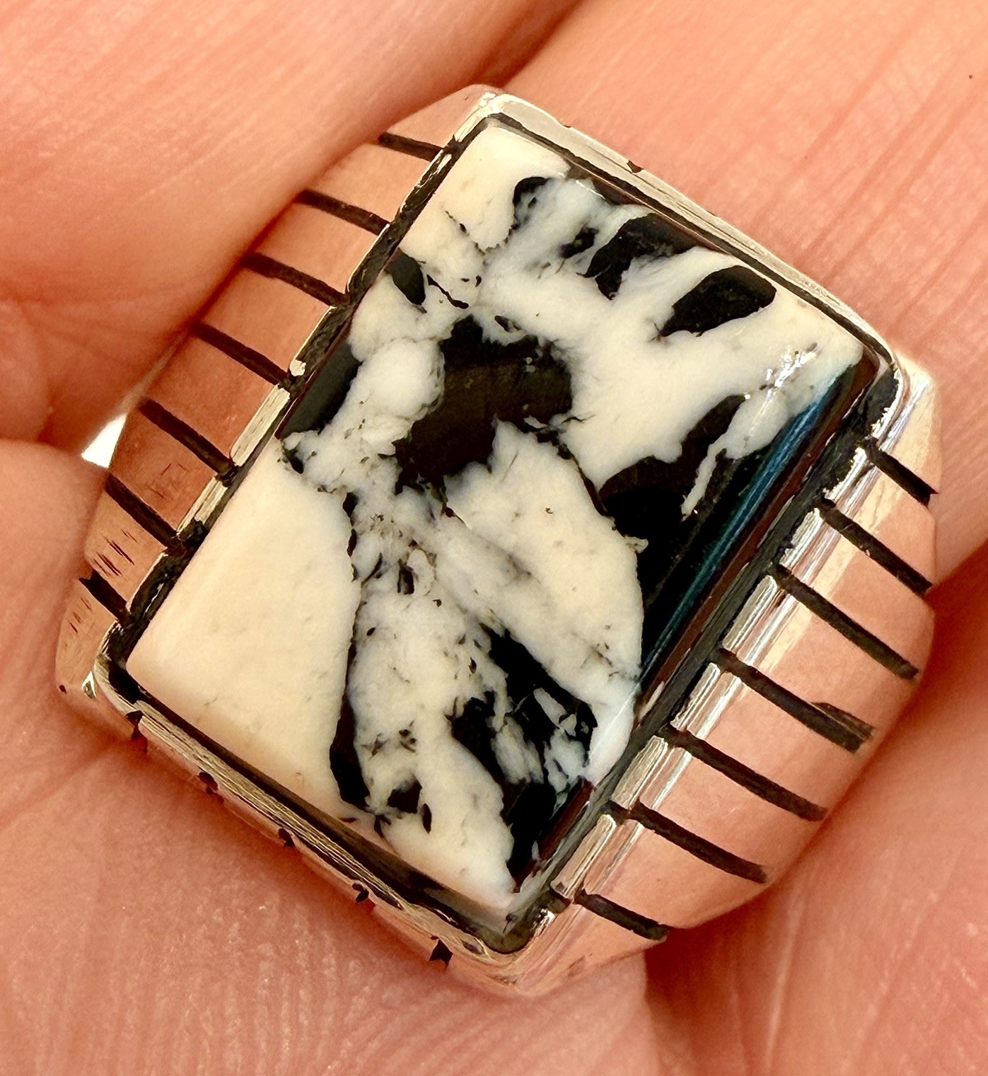 Navajo White Buffalo Turquoise Men’s Ring Size 10 Sterling by Trevor Jack 8.6g