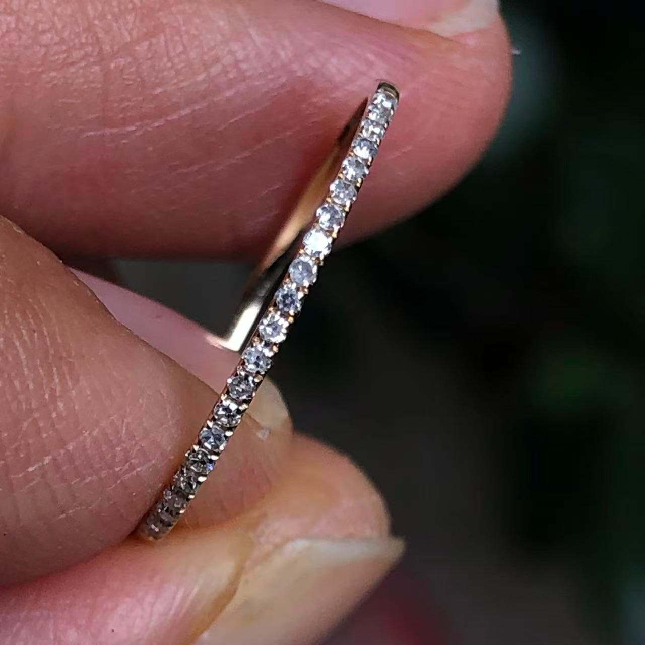 Stackable Wedding Band 10K Solid Gold 1mm Thin Natural Diamond Eternity Ring