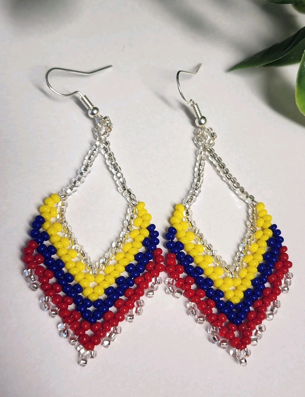 Handmade Seed Bead Earrings Colombia Flag Colors Boho Dangle Teardrop Jewelry
