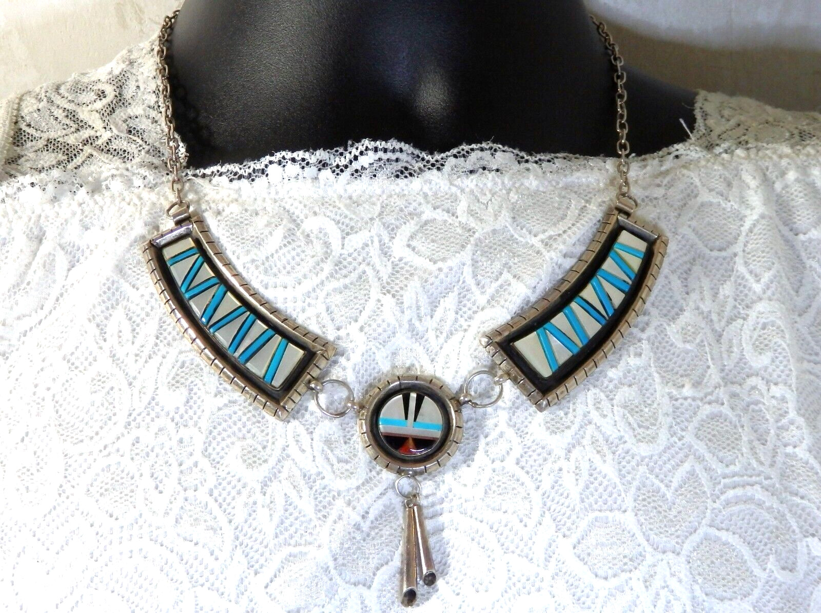 ZUNI Sleeping Beauty TURQUOISE ++ Sterling Silver SUNFACE 21″ Necklace