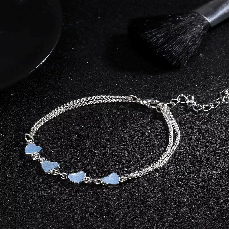 New Year Luminous Lady Beach Wind Blue Peach Heart Tassel Anklet Silver Chain