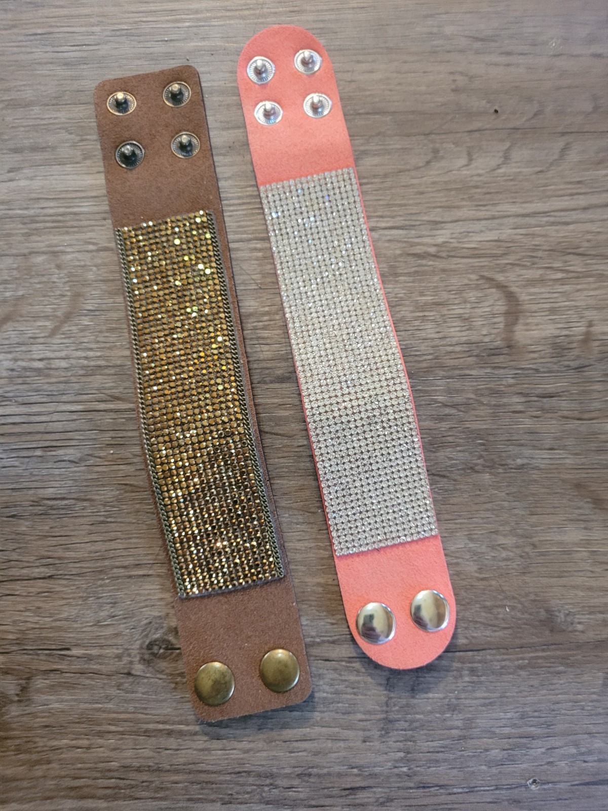 Lot Of 2 Faux Leather Rhinestone Encrusted Wrap Bracelets Snap Closure