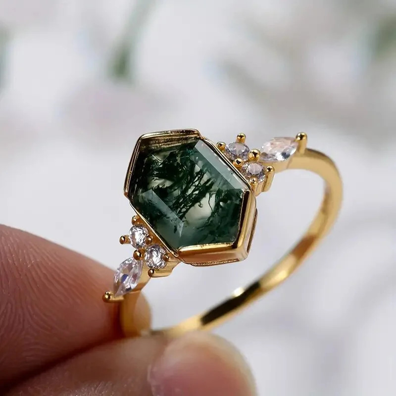 Rhodium Plated Hexagon Emerald Cut Cocktail Ring Prong Setting Fashion Jewelry
