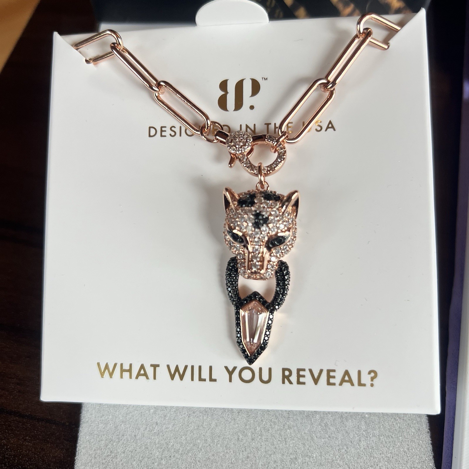 BP Rose Gold Plated Bar Link Necklace w/ Clear CZ Animal Charm 18″ NK72951