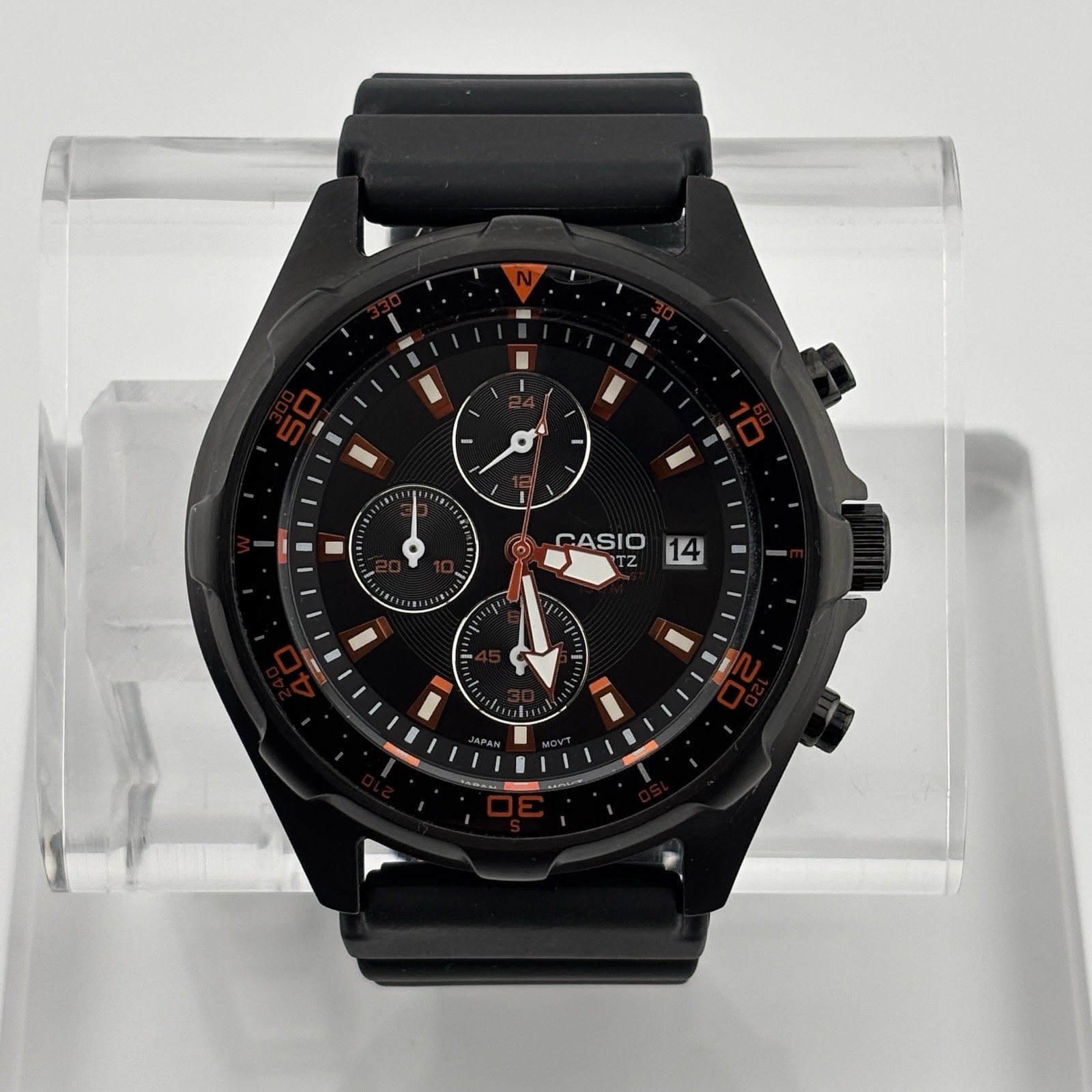 Casio AMW-370B-1A Black Ion Plated Chronograph Watch 45mm Burnt Orange Accents