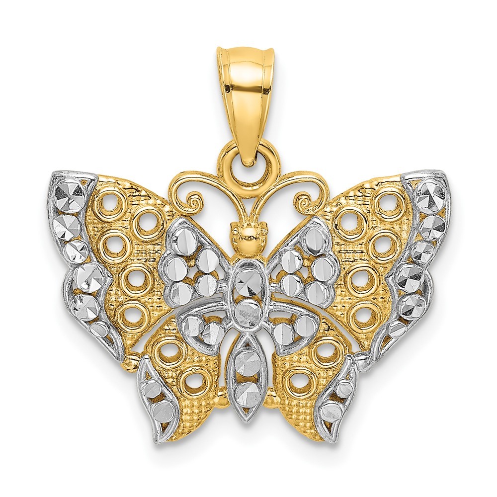 10k Yellow Gold Rhodium Butterfly White Edge and Cut-out Wings