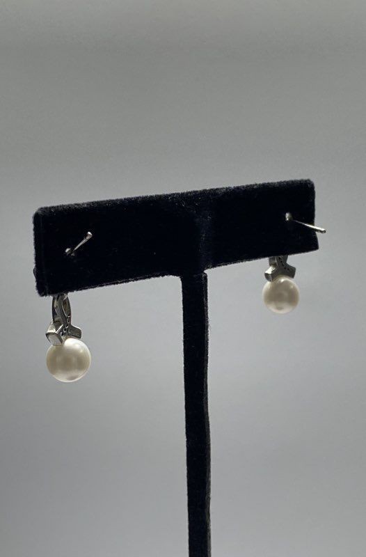 RL Sterling Silver 925 Pearl & Diamond Ribbon Twist Drop Earrings 5/8″