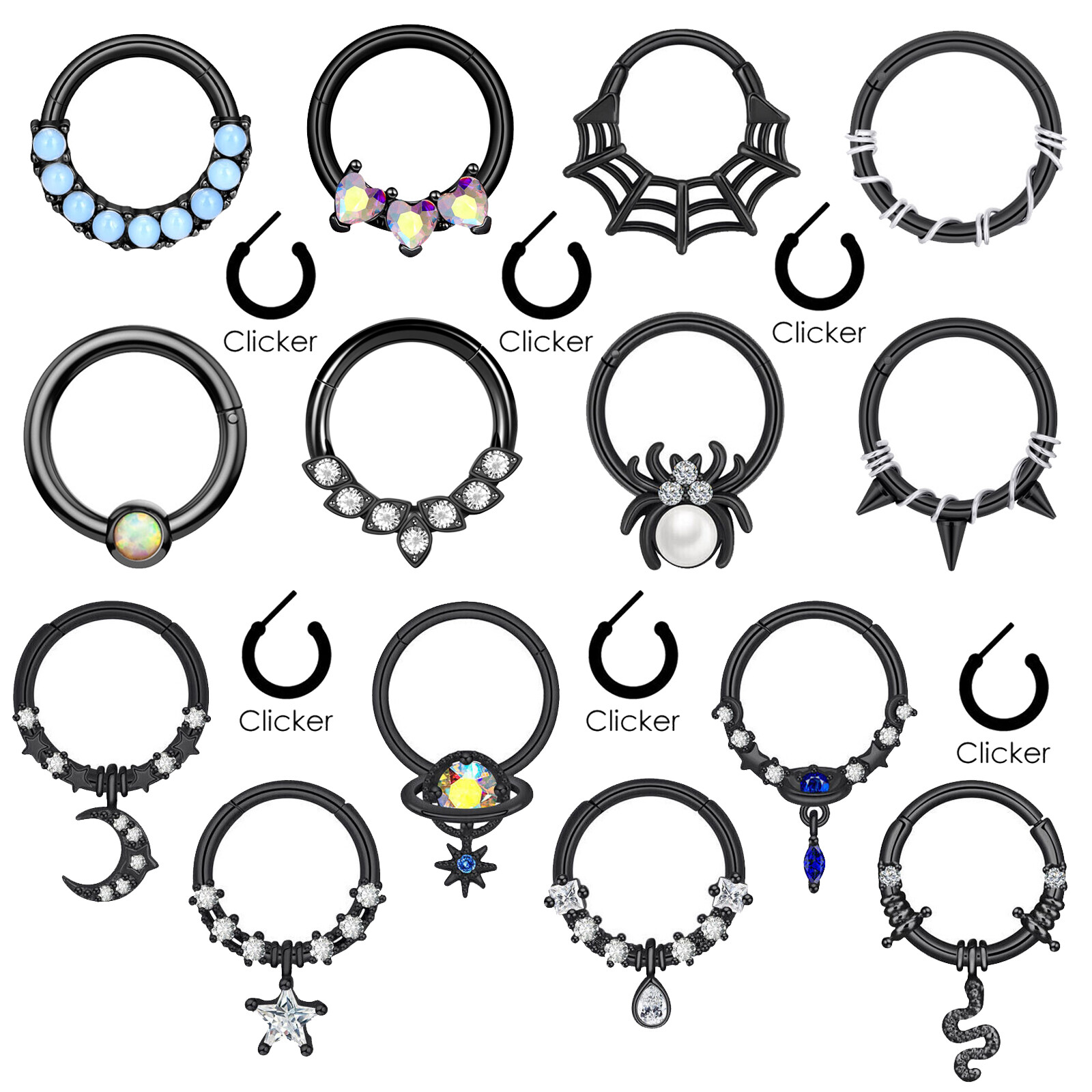16G Black Segment Nose Ring Hinged Septum Clicker Lip Ear Cartilage Daith Hoop