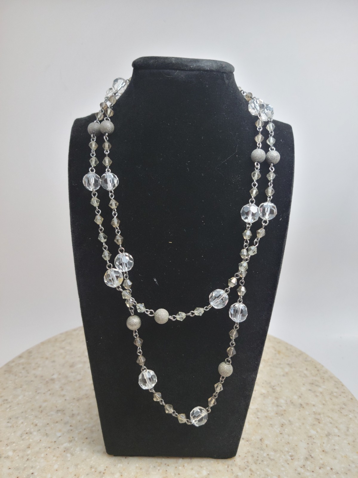 White House Black Market Silver-Tone Crystal Bead Long Necklace Two Strand…
