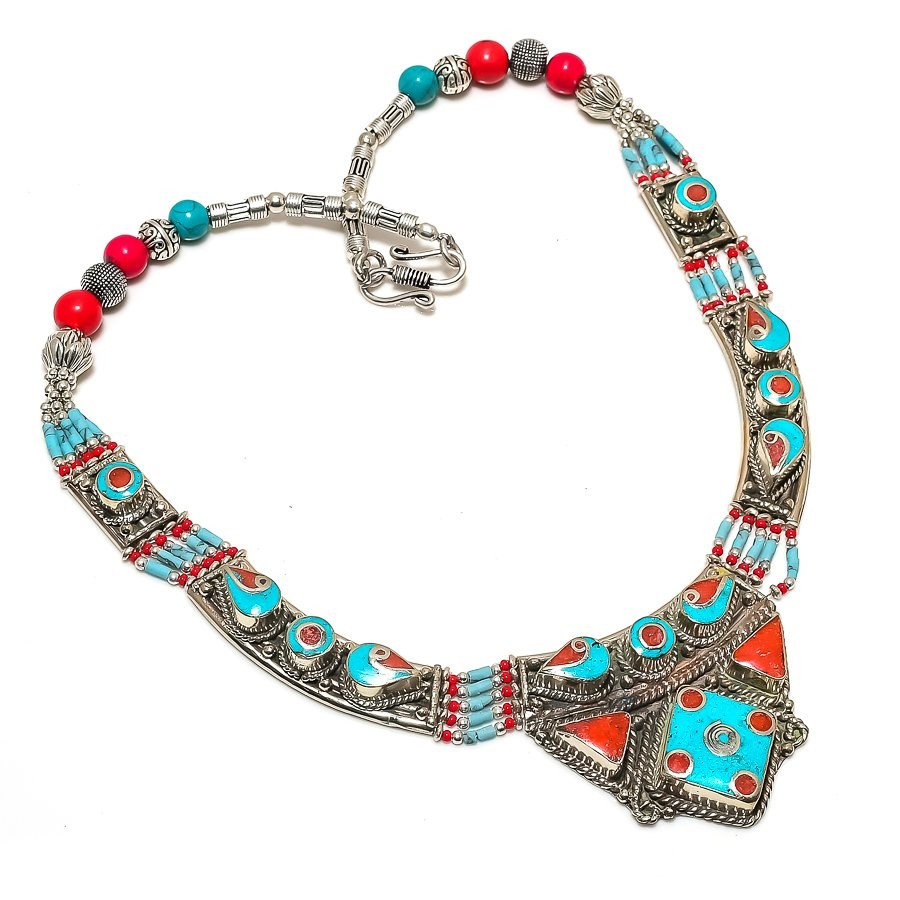 Turquoise Red Coral Gemstone Necklace Tibetan Handmade Nepali Jewelry 18″ N154
