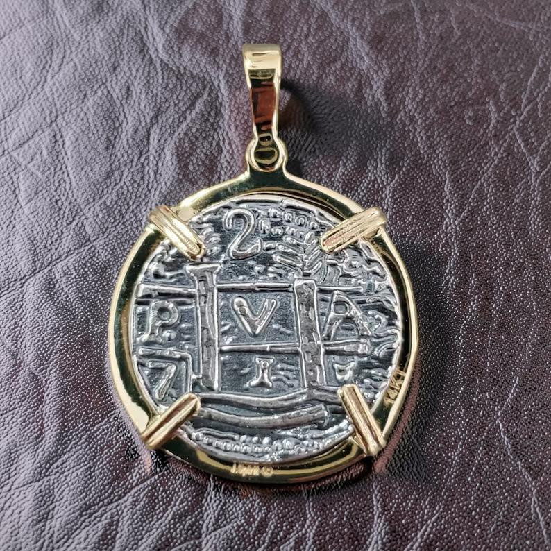 Atocha Shipwreck Silver Coin Pendant Solid 14k Gold Frame Museum Quality