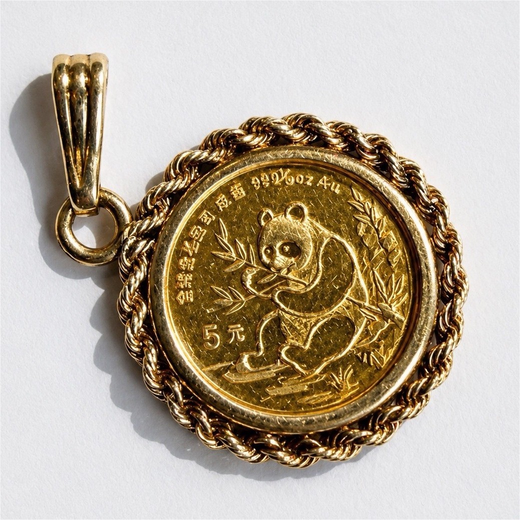 1991 China Gold Panda Coin Pendant 999 Yellow Gold Round Bezel Setting