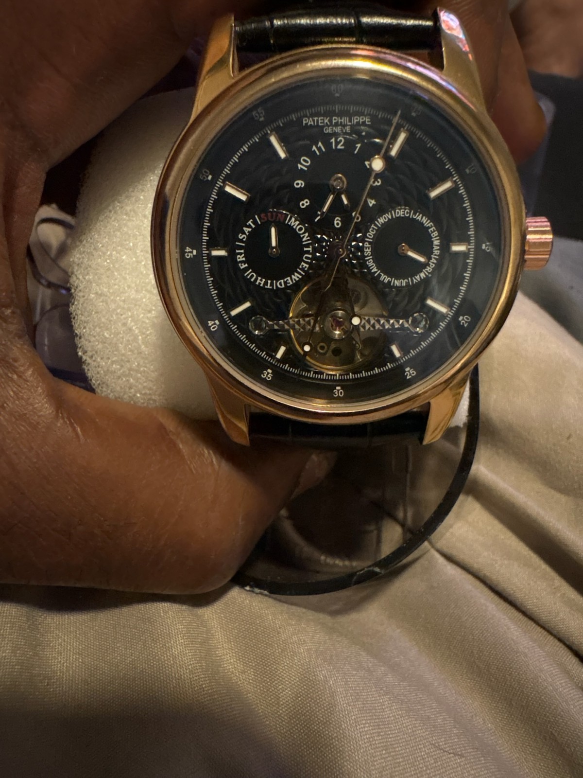 Patek Philippe Rose Gold Auto Skeleton Black Dial Day/Date 40mm Leather