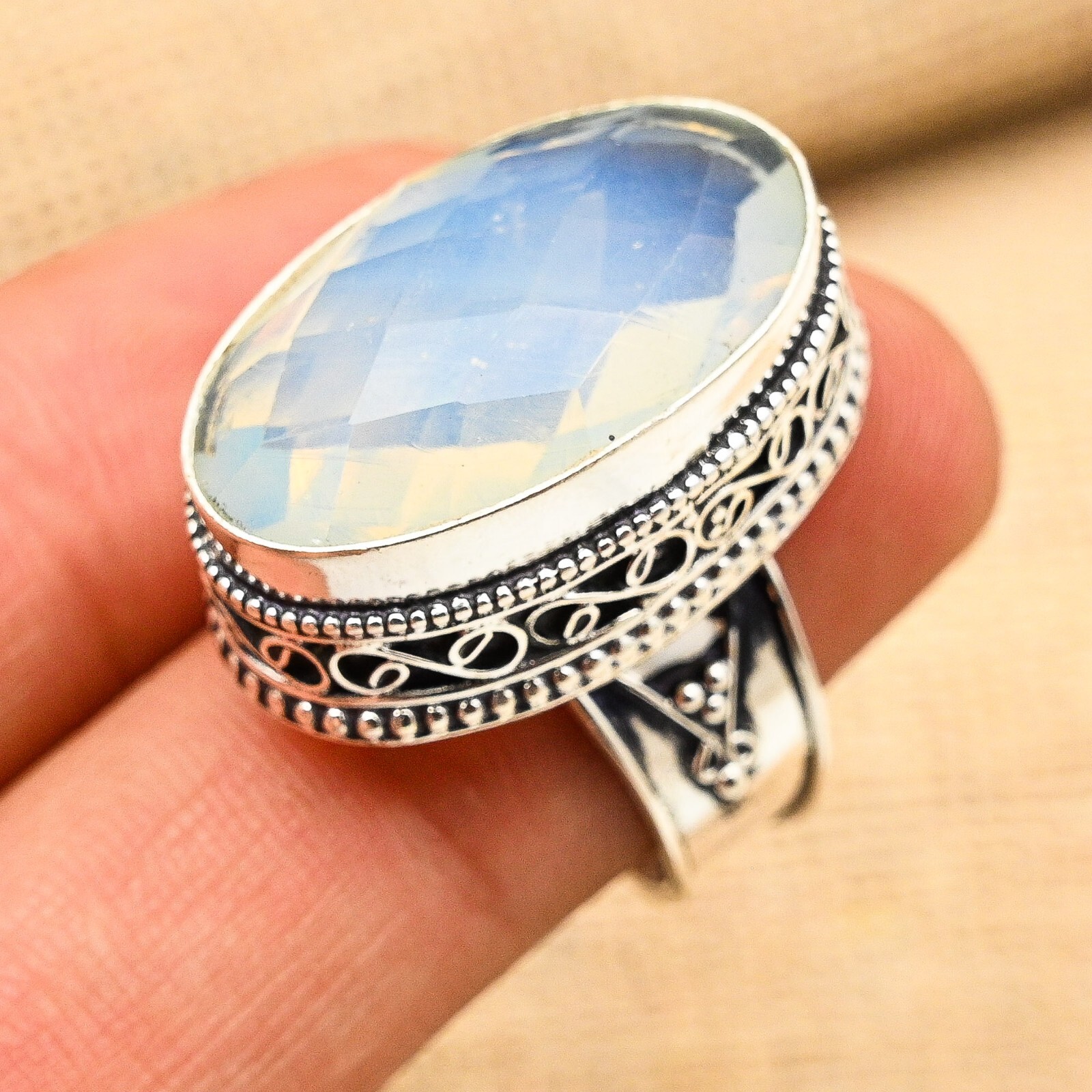 Milky Opal Gemstone Handmade 925 Sterling Silver Ring Jewelry