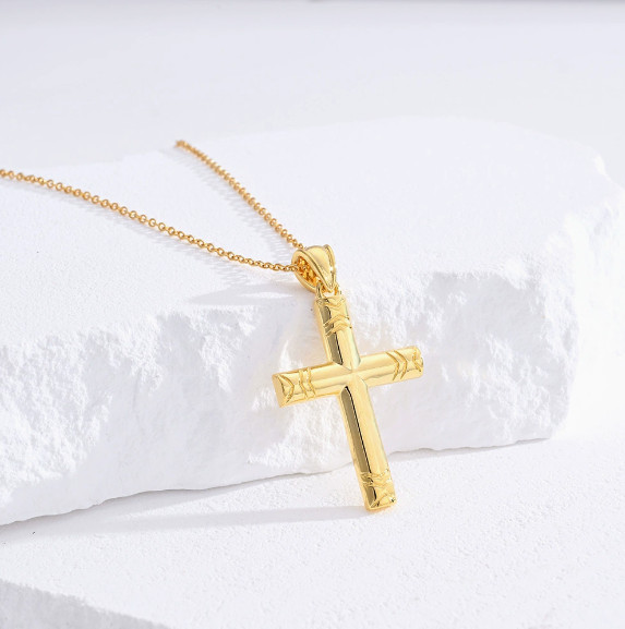 Embossed Pattern Cross Pendant Necklace Stylish Religious Accessory for Women