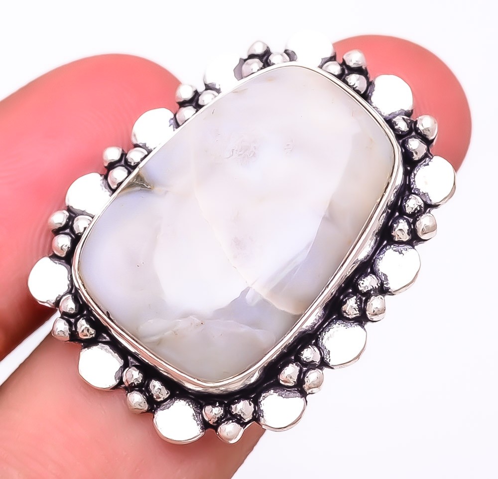 Natural White Lace Agate Gemstone 925 Silver Plated Jewelry Ring s.7 T2715