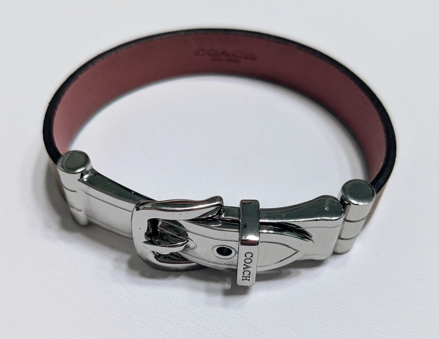 Coach Signed Brown Leather Cuff Bracelet Buckle Closure Silver Tone 7 in