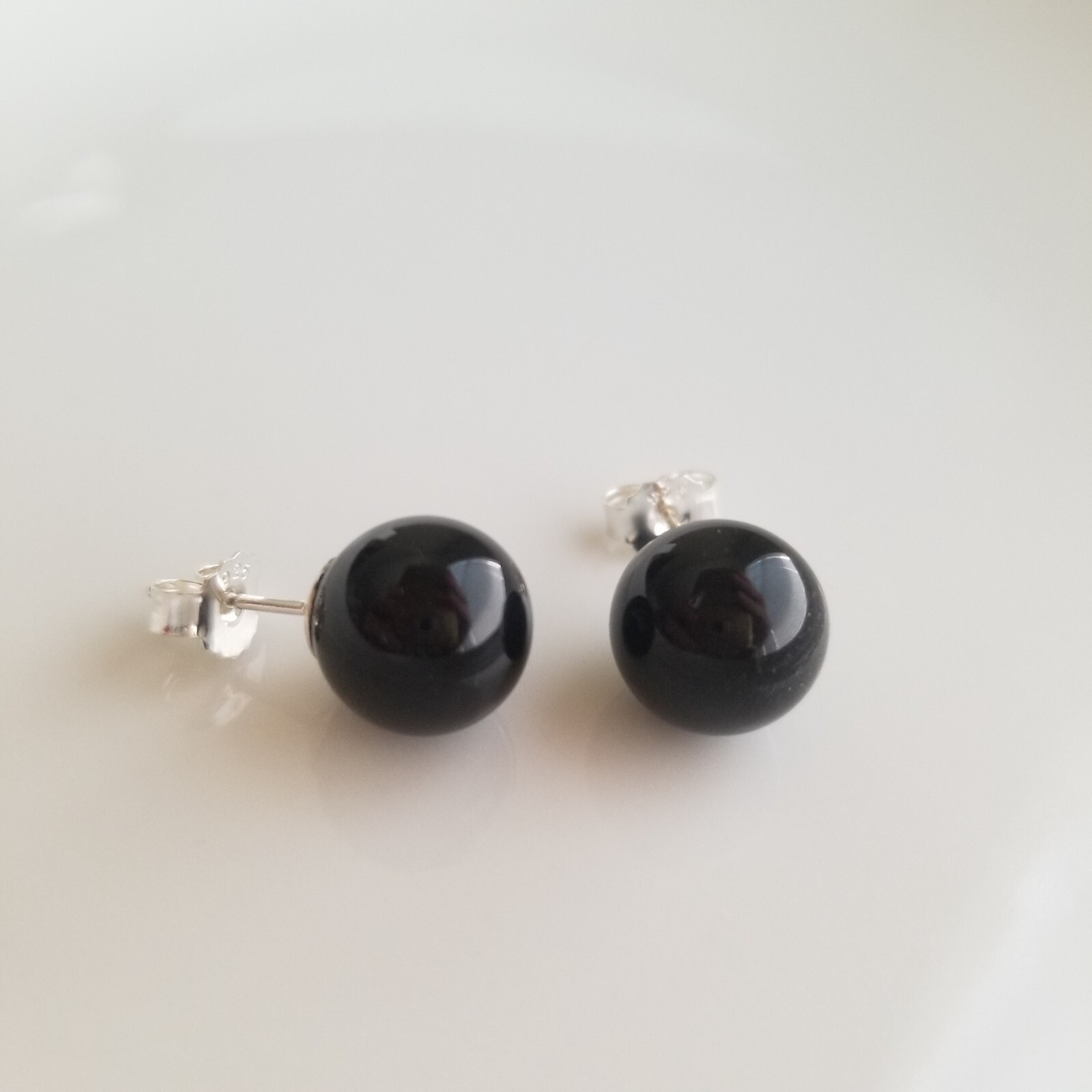 Solid 925 Sterling Sliver Natural Black Onyx 10mm Round Ball Stud Earrings
