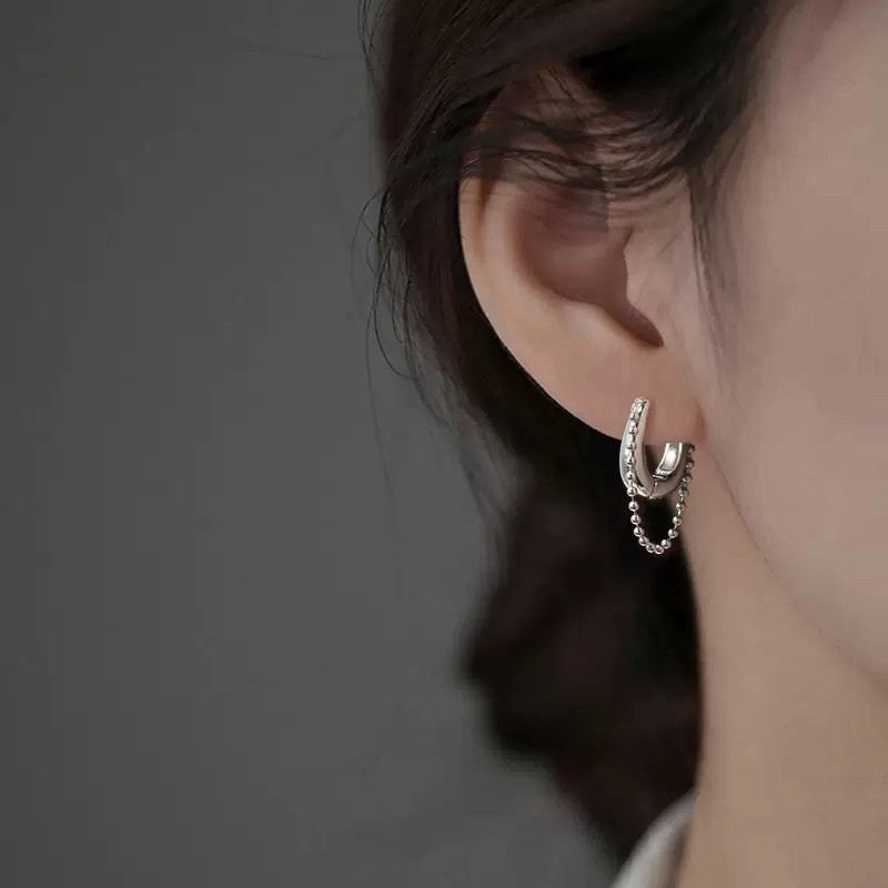 925 Silver Ball Chain Huggie Hoop Earrings Dainty Chunky Chain Drop Hoop D34