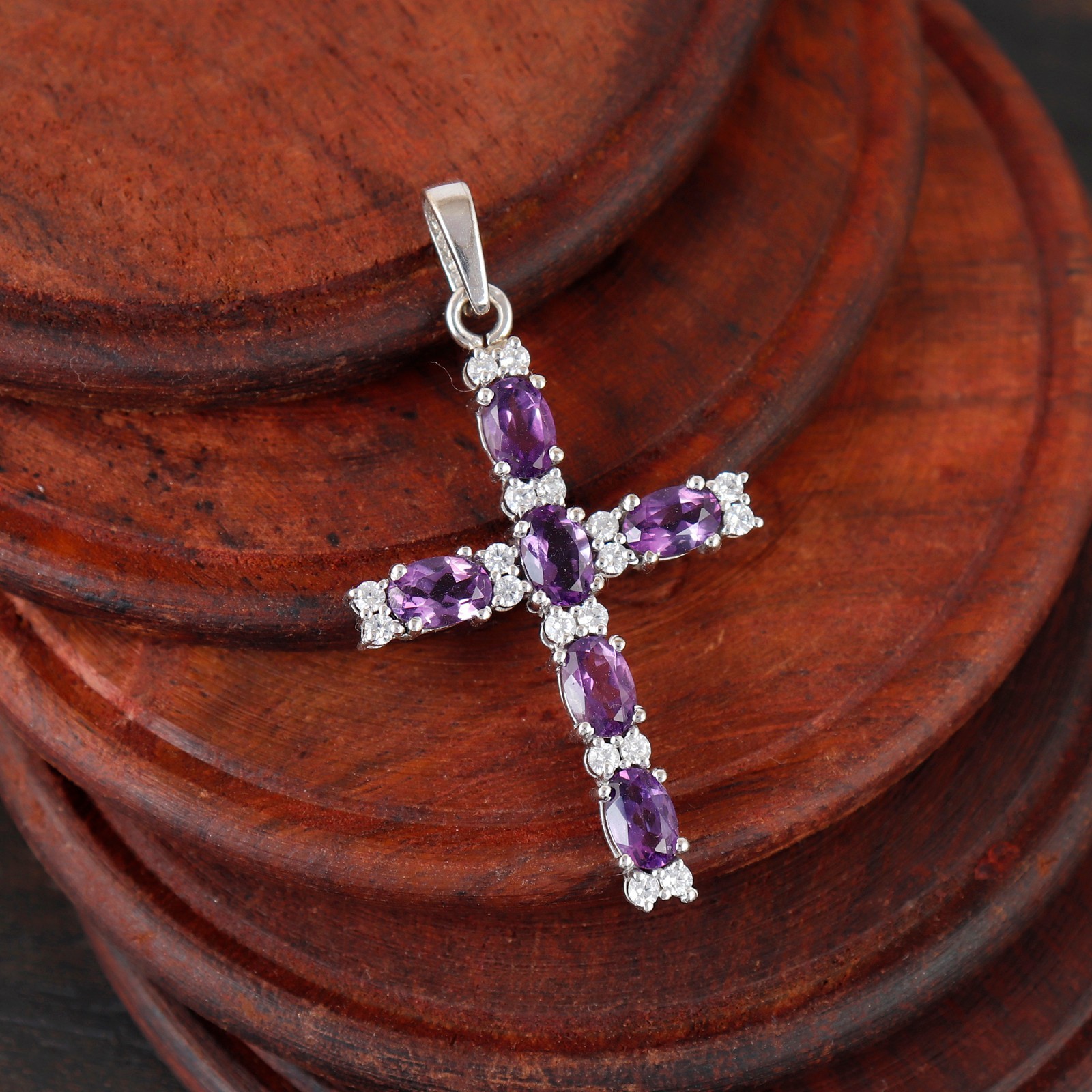 Cross Pendant Sterling Silver Gemstone Religious Charm Necklace Gift for Her
