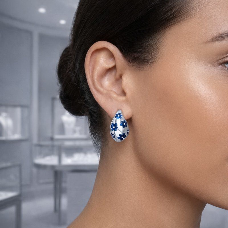 925 Sterling Silver Enamel Flower Stud Earrings | Teardrop Floral Jewelry |
