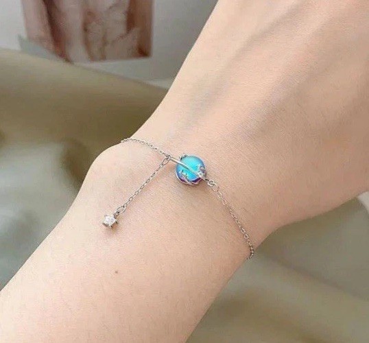 Sterling Silver Aurora Blue Moonstone Planet Star Heart Bracelet 925 New 7.5 In