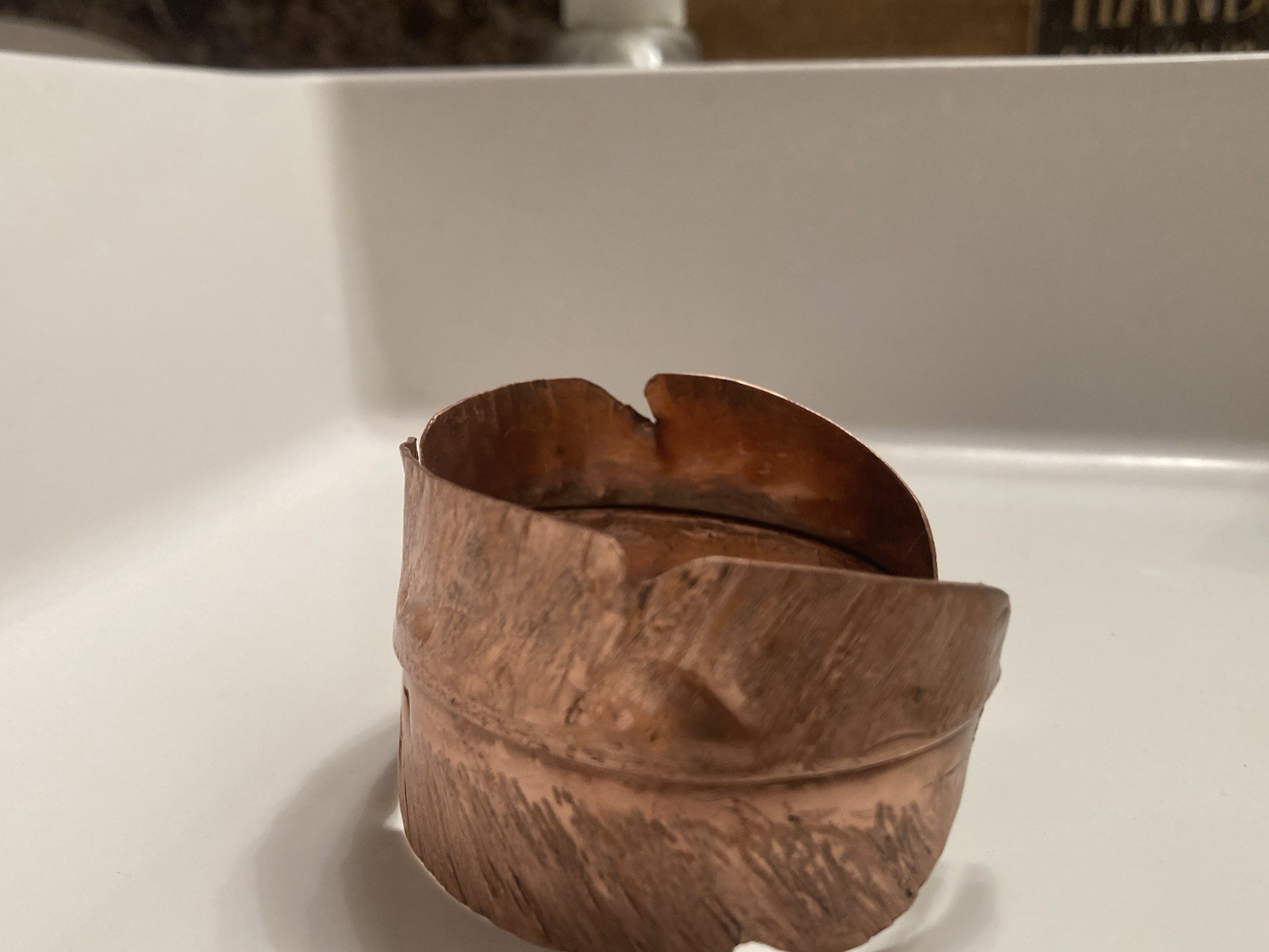 Wide Handcrafted Copper Cuff Bracelet Feather Design Unisex Adults 7 inch