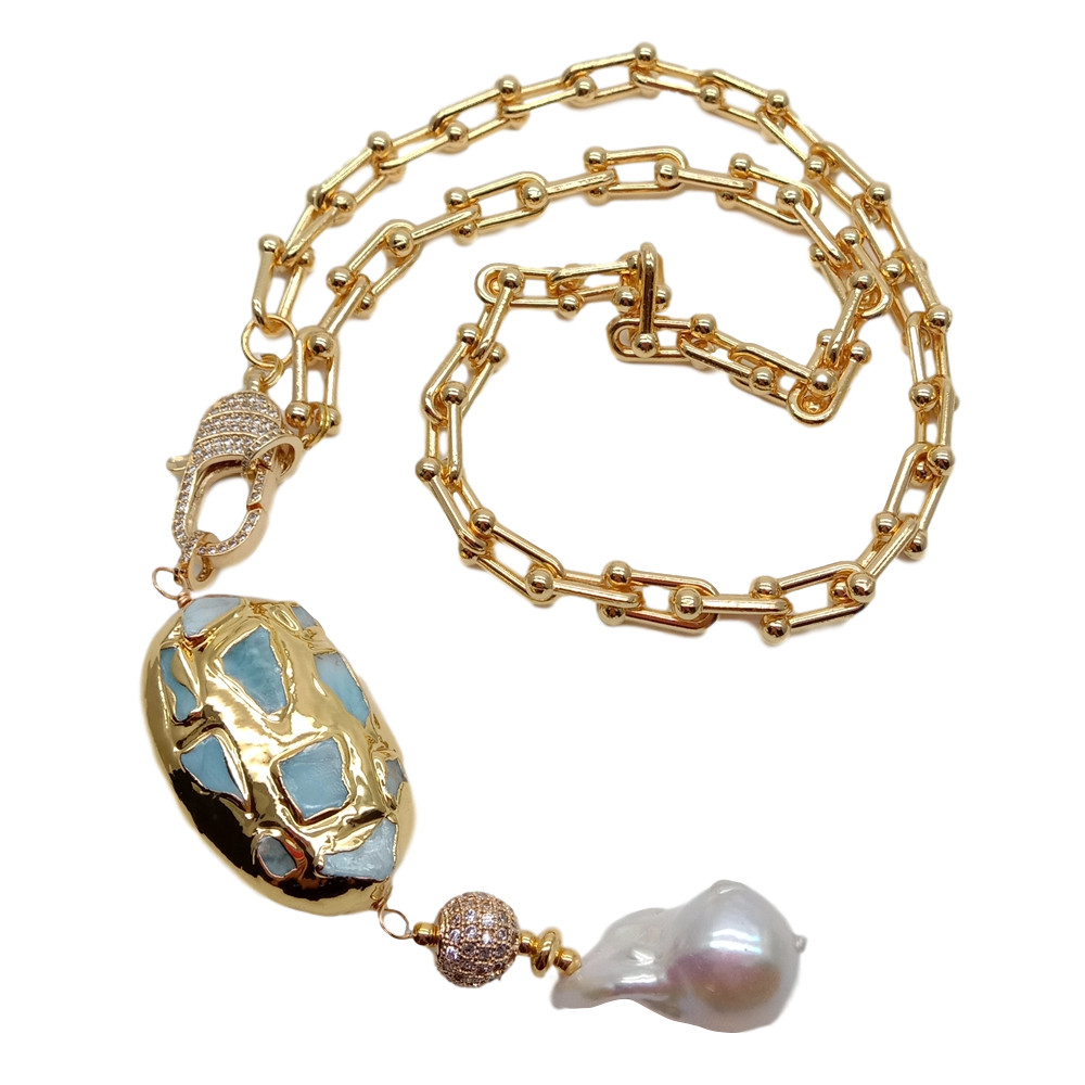 20″ Gold Plated Chain Necklace Blue Larimar Freshwater White Keshi Pearl Pendant
