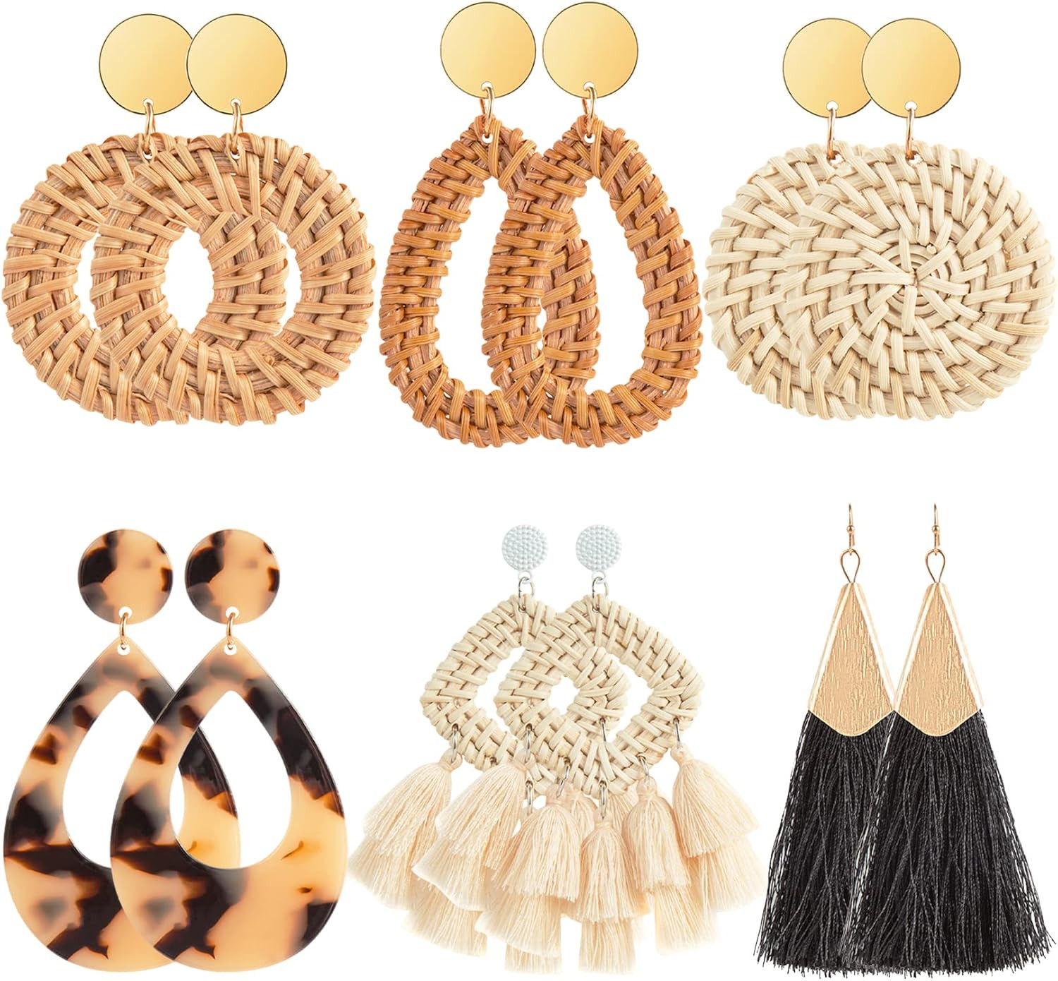 6-18 Pairs Earrings for Women, Lightweight Summer Earrings Straw Earrings Fashio