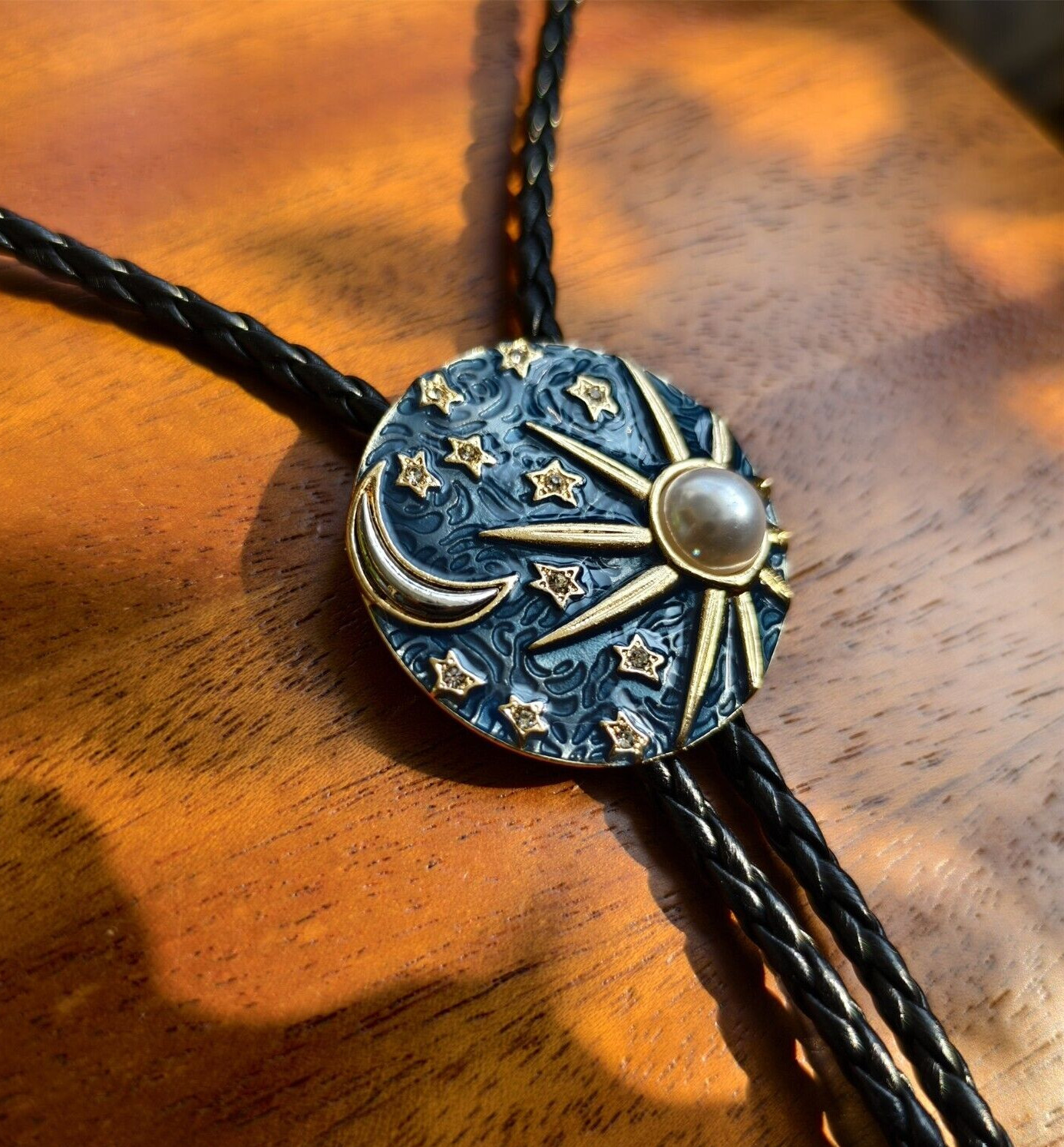 Men`s Western Bolo Tie, Pearl Sun Moon Stars Wedding Necklace, Leather Necktie