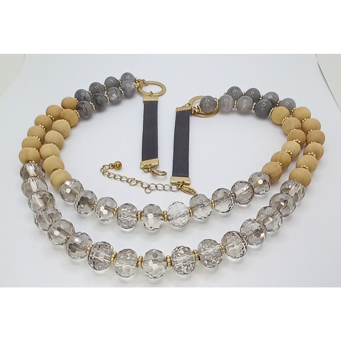 Natasha Necklace Faceted Glass Beads Quartz Like and Wood Beads Gold Tone