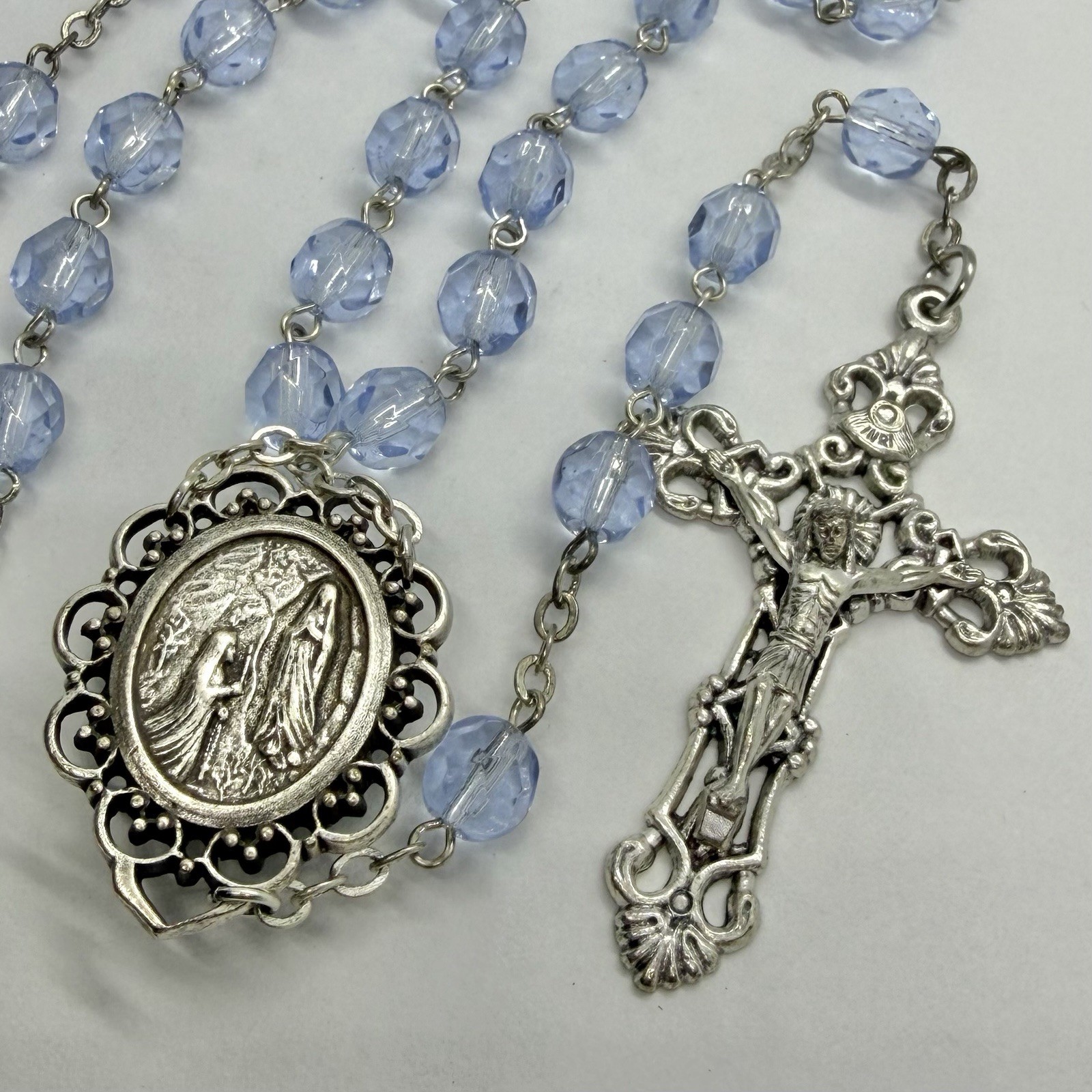 Vtg Religious Catholic Blue Glass Lourdes Cross Rosary Bead Necklace Holy Water