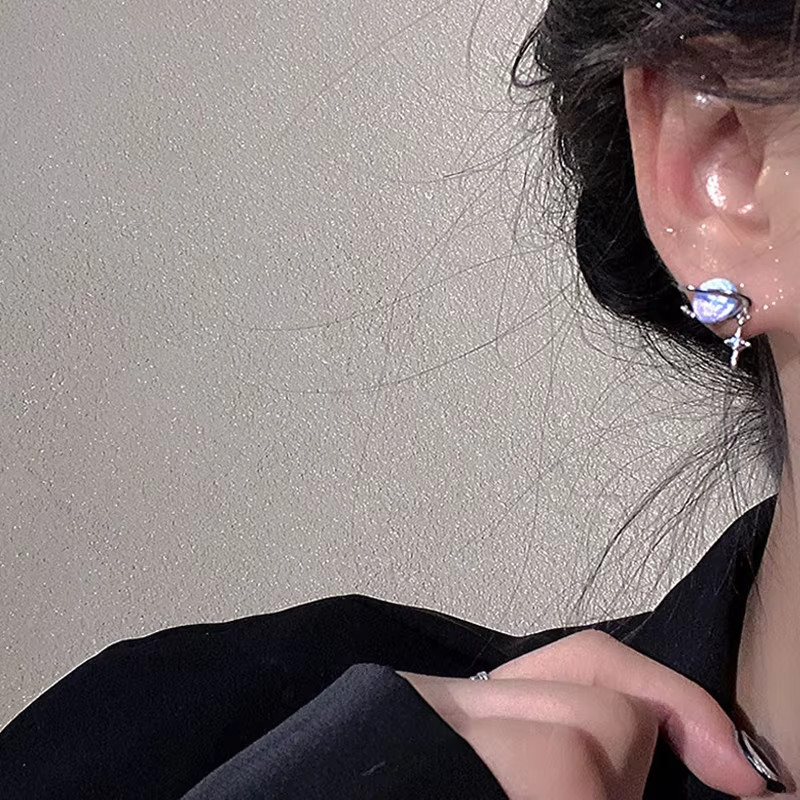 925 Sterling Silver Cat Eye Planet Round Stud Earrings Minimalist Women Gift